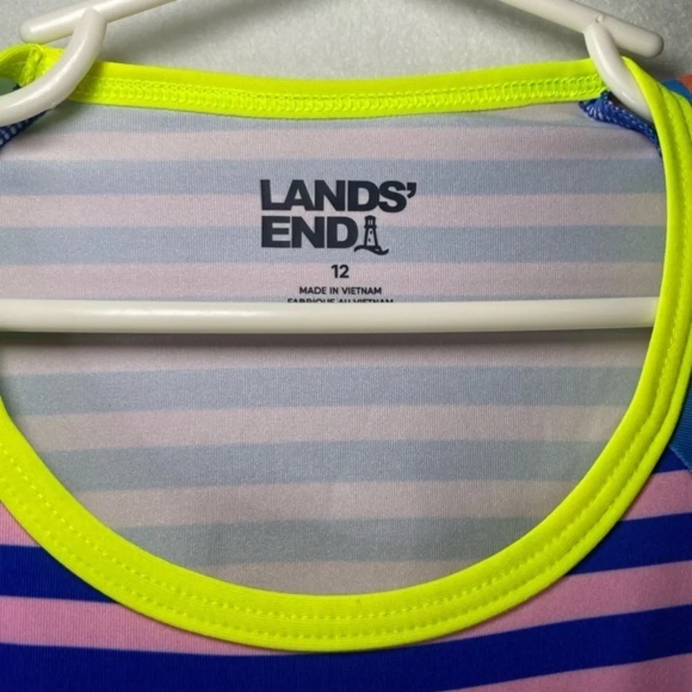 Lands End Swim Shirt Rash Guard Size 12 Blue Orange‎ Pink Stripes Long Sleeve
